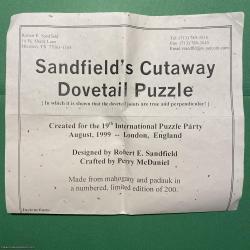 Sandfield's Cutaway Dovetail Puzzle, IPP19 (1999) exchange puzzle made by Perry McDaniel