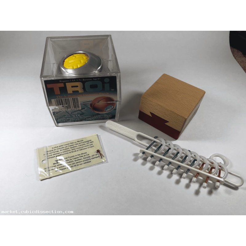 Puzzle Lot - Electronic TROi, Dovetail Box, World's Smallest Puzzle, & Plastic Chinese Rings