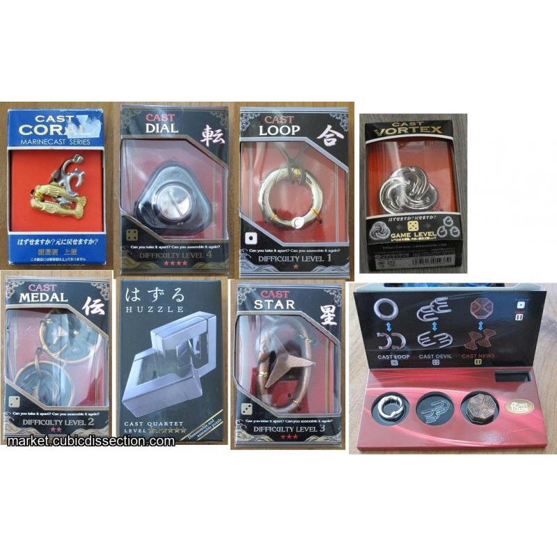 Hanayama cast puzzles - batch of 7 and display with 2 extra