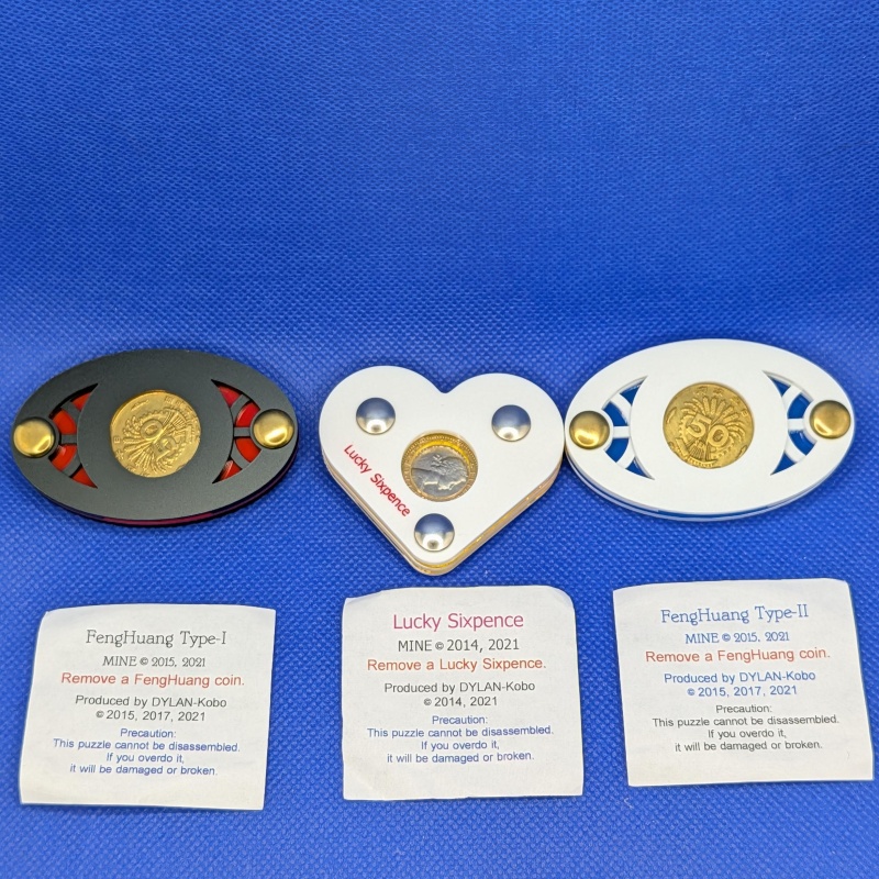 3 MINE Coin Release Puzzles: FenHuang Typ1-I,FengHuang Type-II, & Lucky Sixpence