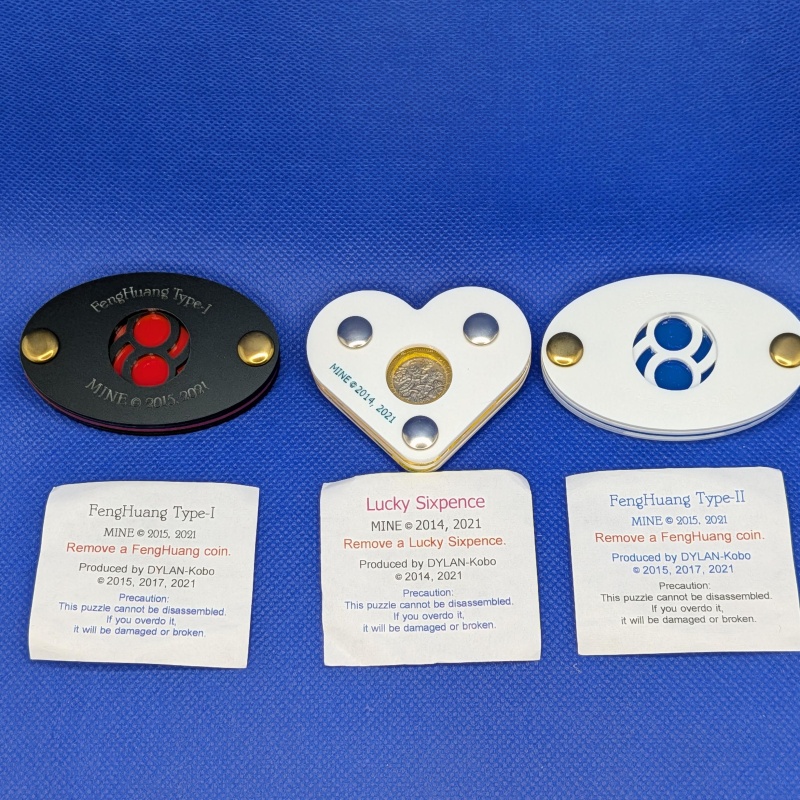 3 MINE Coin Release Puzzles: FenHuang Typ1-I,FengHuang Type-II, & Lucky Sixpence